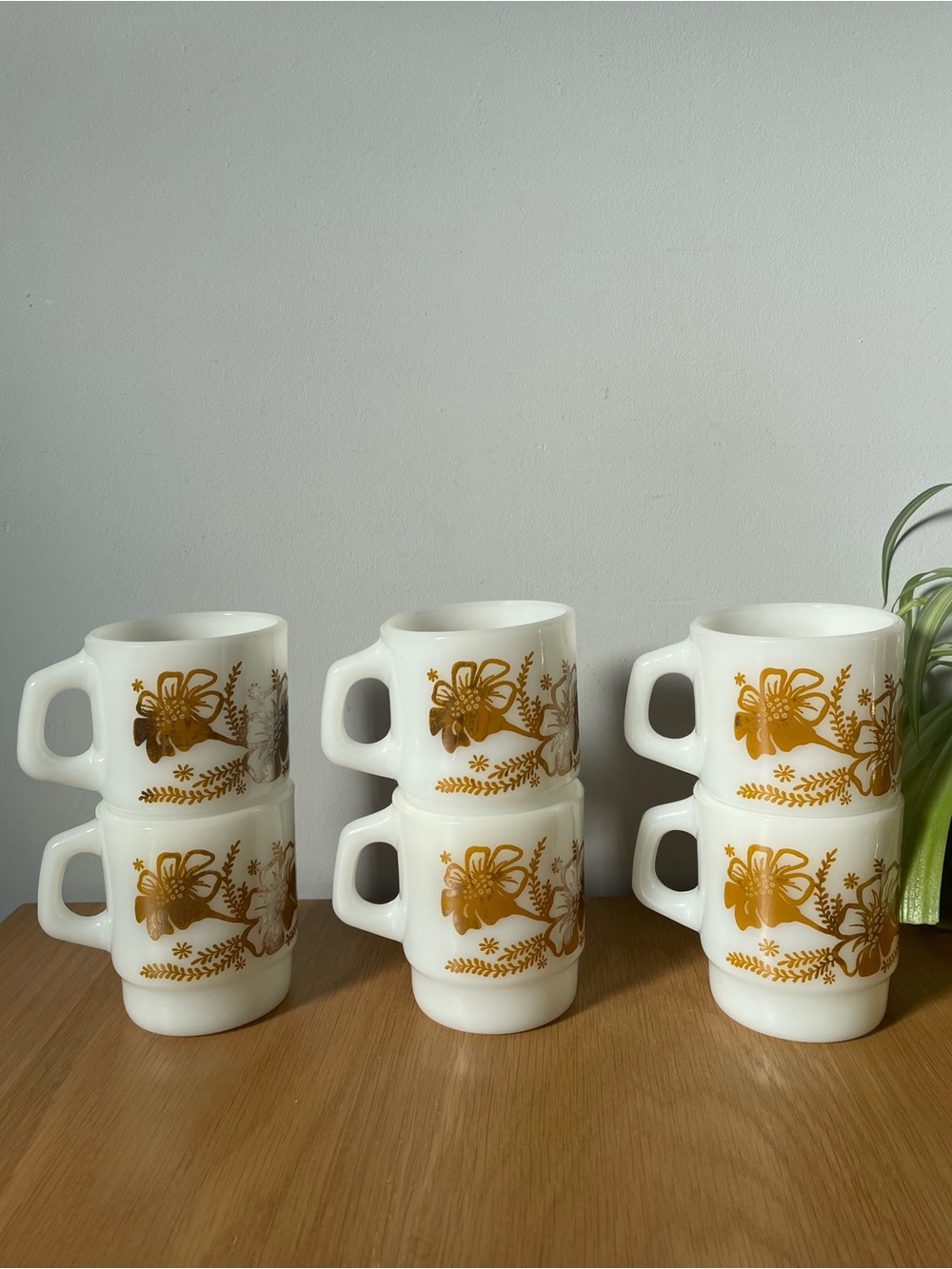 Vintage Anchor Hocking Milk Glass Mugs Hibiscus Sketch Mustard Yellow Set of 6